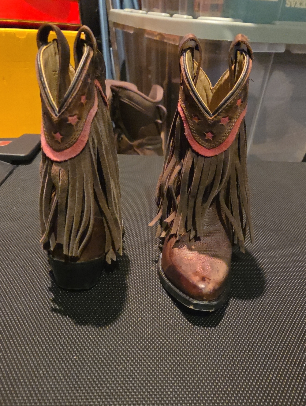 Fringed Brown Western Ankle Boots with Pink Accent - Kids